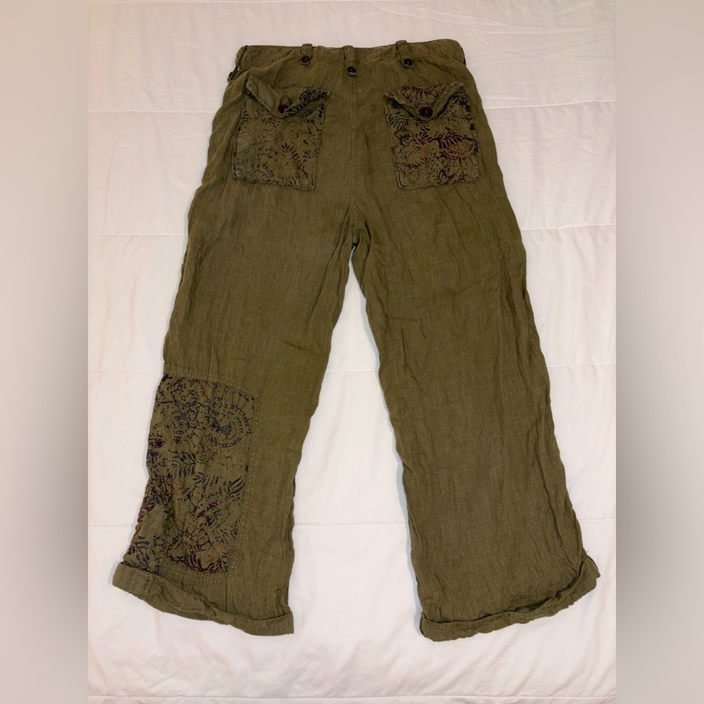 Free People Issa Cargo Pants Linen in Olive Green Bohemian Pattern - Size US 12 - Picture 9 of 16